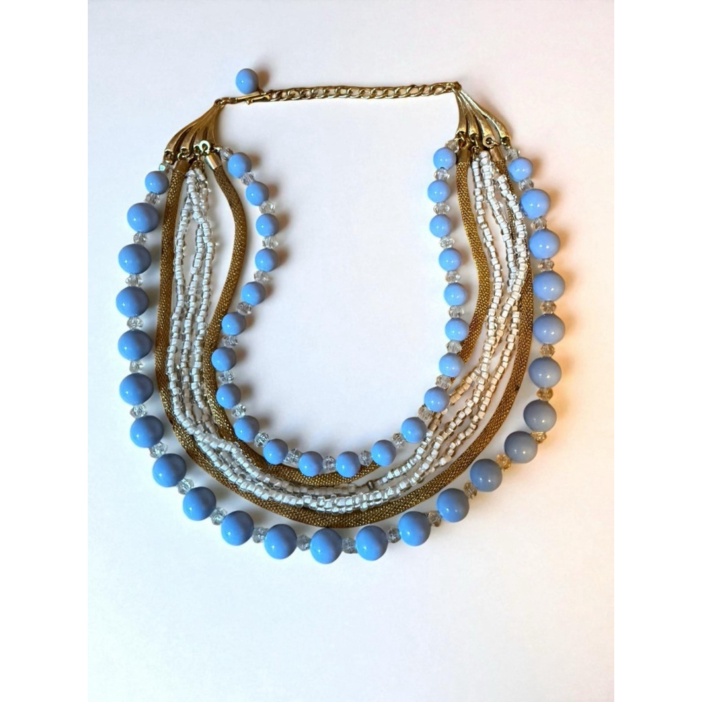 Vintage Aqua Blue Multi Strand Faux‎ Pearl Necklace